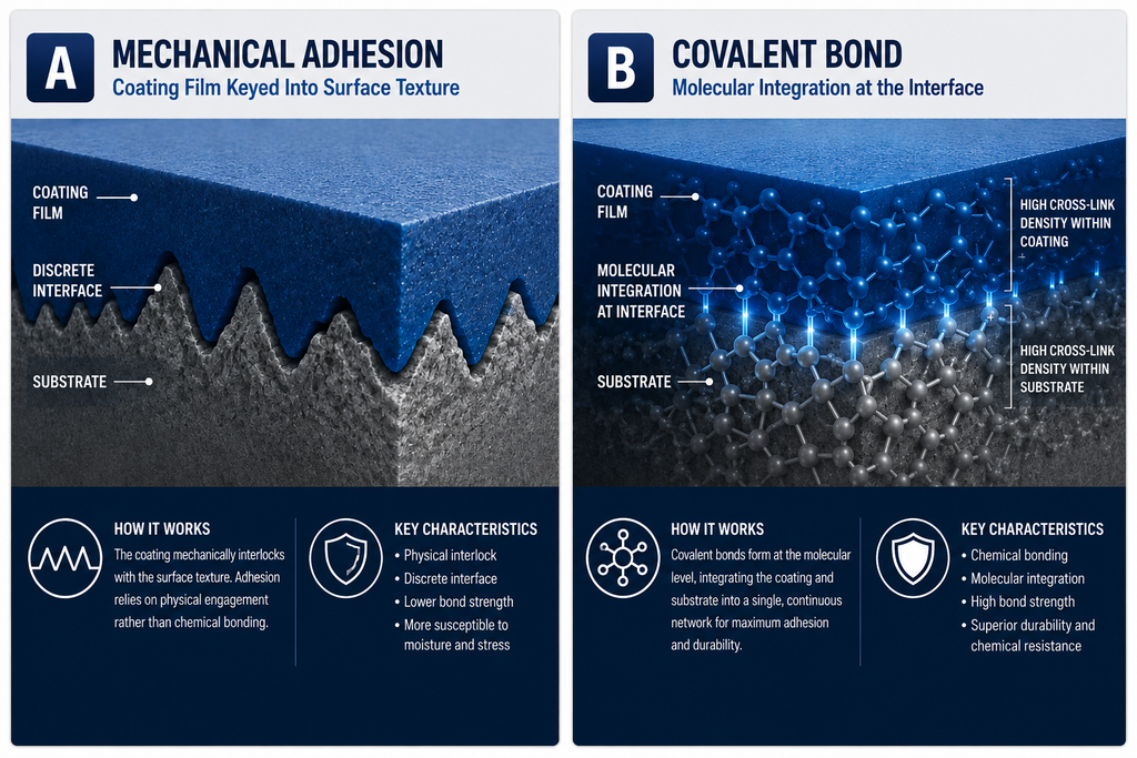 Comparison graphic showing the difference in strata layers of a mechanical vs covalent bonded coating on a surface. 